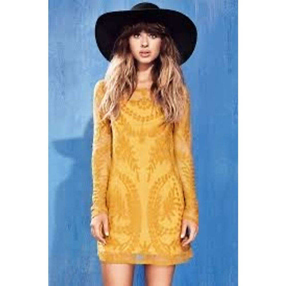 DIVIDED Mustard Yellow Lace Overlay Boho Tunic Dress or Cover-up Sz S